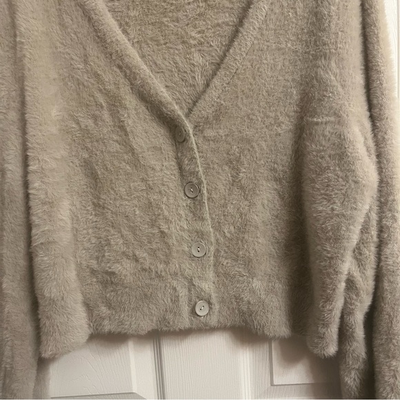 Aerie Fuzzy Cropped Cardigan in color Toasted Coconut - Picture 4 of 5